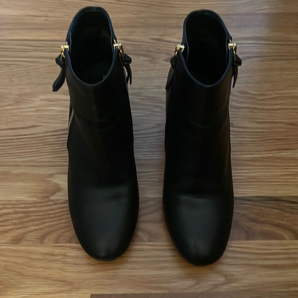 Cole Hahn black booties with gold zipper up both sides